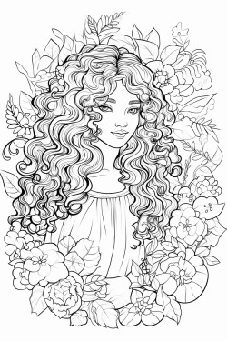 mixedrace girl with long curly hair sitting in the forest with a flowy dress and lots of flowers