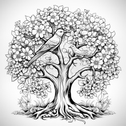 create a magical tree with mandla pattern on it and zentangle nature art with beautiful birds dancing around it