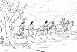 native americans crossing a river on foot using a grapevine as a rope to keep them connected