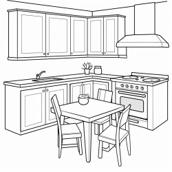 a square shaped kitchen with a kitchen island and a small table