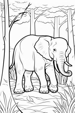 an asian elephant walking through a dense forest surrounded by tall trees and ferns with a small stream nearby