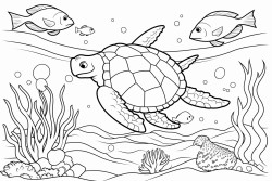 1 sea turtle 1 octopus 1 shark  5 small fish over a coral reef