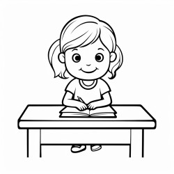 a girl sitting in a desk with a pencil in her hand