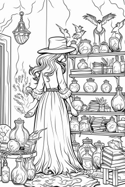 witch in a room full of potions and crows