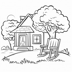 a house with trees grass and a rocking chair