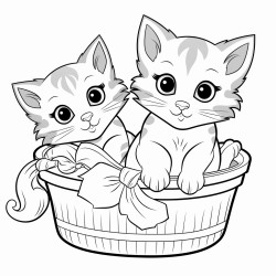 a kitten in a basket with a cat sitting beside the basket