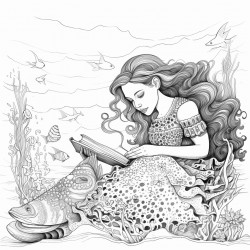 página para colorir mermaid reading a book underwater on a reef
