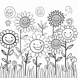 smiling flowers in a field whimsical