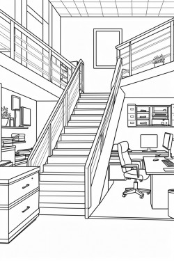 basement with stairs and office