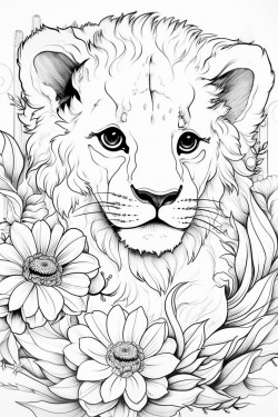 baby lion with flowers