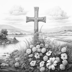 create an image of a solemn scene with a prominent cross in the center representing a significant
