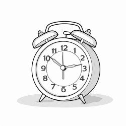 create a simple 3d art colouring page image of a cute round shaped desk clock on a table on a white background