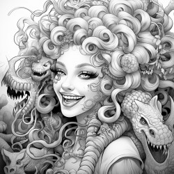 medusa putting on lipstick and smiling devilishly