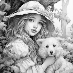 a girl wearing old fashioned traditional clothes like an old frilly bonnet playing with a dog in a beautiful forest