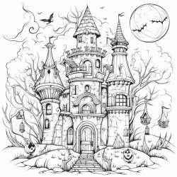 a magical halloween castle with turrets and a witch flying above