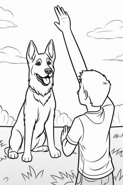 unicorm high fiving a dog in a green pasture with the sky behind them blank coloring page