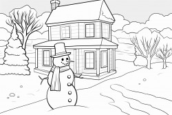 snowman outside of a warm farm house