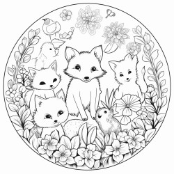 a beautiful garden full of flowers and baby animals