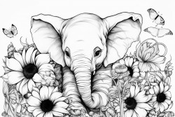 baby elephant baby owl in sunflower and roses