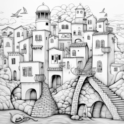 a whimsical italian village with cats