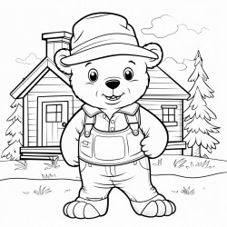 a cartooning farmer bear wearing a hat and shoes trees house