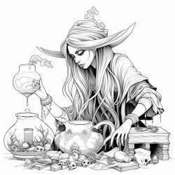 a beautiful witch handling potions  black and white no color
