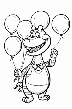 a dancing alligator holding balloons with a dancing zebra in a simple coloring book style