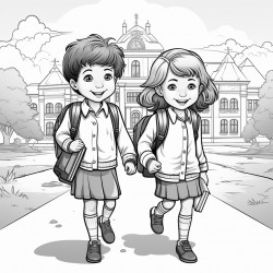 two kindergarten students are happily going to school with the kindergarten school in the background