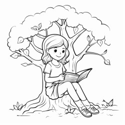 a young girl sitting under a tree reading a book