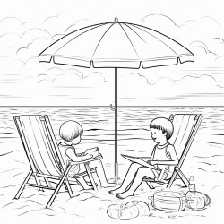 kids at the beach with their supplies by their chair under a umbrella