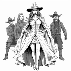 short female witch surrounded by three tall guys dressed in classic horror costumes