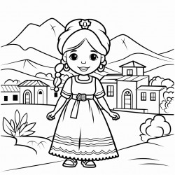 simple mexican doll with a village background coloring page for a kindergarden very simple not a complex image
