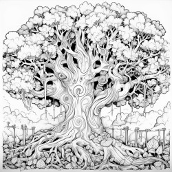 huge oak trees with whimsical vines and leaves wrapping all around it