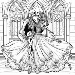 a dancing skeleton couple in gothic attire with flowing cloaks and a gothic ballroom in the background