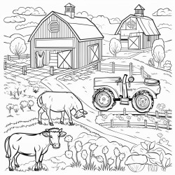 farm with a cow horse sheep and a tractor