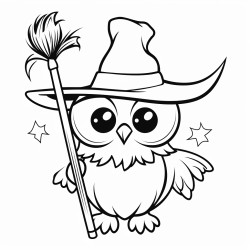 an owl wearing a witchs hat riding a broomstick
