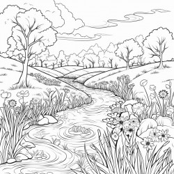 meadows with flowers and a small river