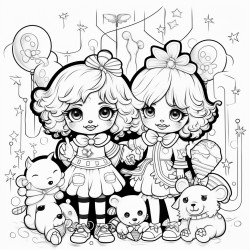 kawaii clowns with balloons and presents rainbows