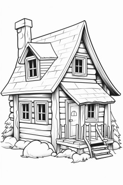 a cute rustic cabin retreat  coloring bookvector white background black and white black drawing