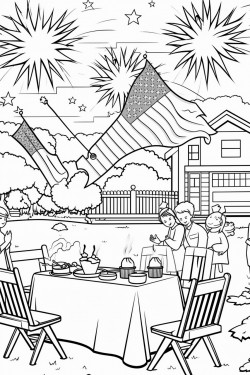 fourth of july scene with fireworks flags and picnic blankets and bbq and kids