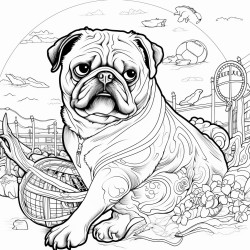 a pug stuck inside a giant tennis