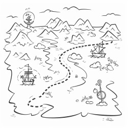 a simple treasure map featuring islands an x marking the spot and dotted lines showing a route