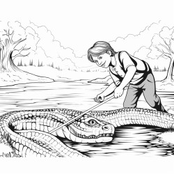 a boy getting a snake out of a lake with a rake