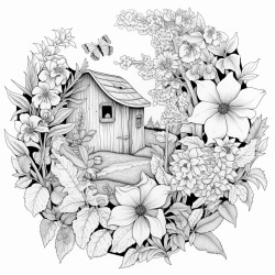 a detailed garden scene with various flowers vines and hidden creatures like butterflies and bees