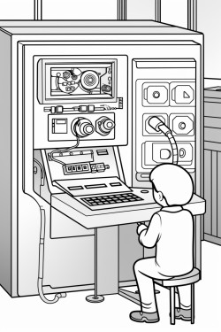 a machinist standing at a cnc machine inputting a program