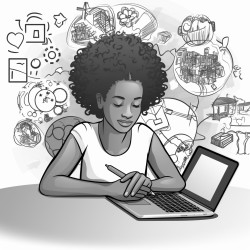 black girl working as a graphic designer with pictures around her
