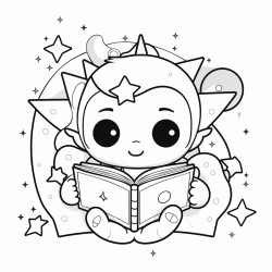 a little alien reading a book under a starry sky with a cute cat curled up next to them