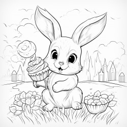 female rabbit eating a cupcake in a park