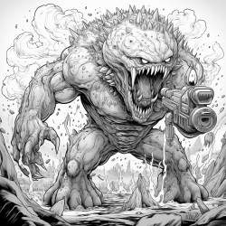 monster made of lava shooting a lava minigun