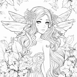 a beautiful elf girl with wings surrounded by beautiful nature delicate flowers large trees coloring page for adults